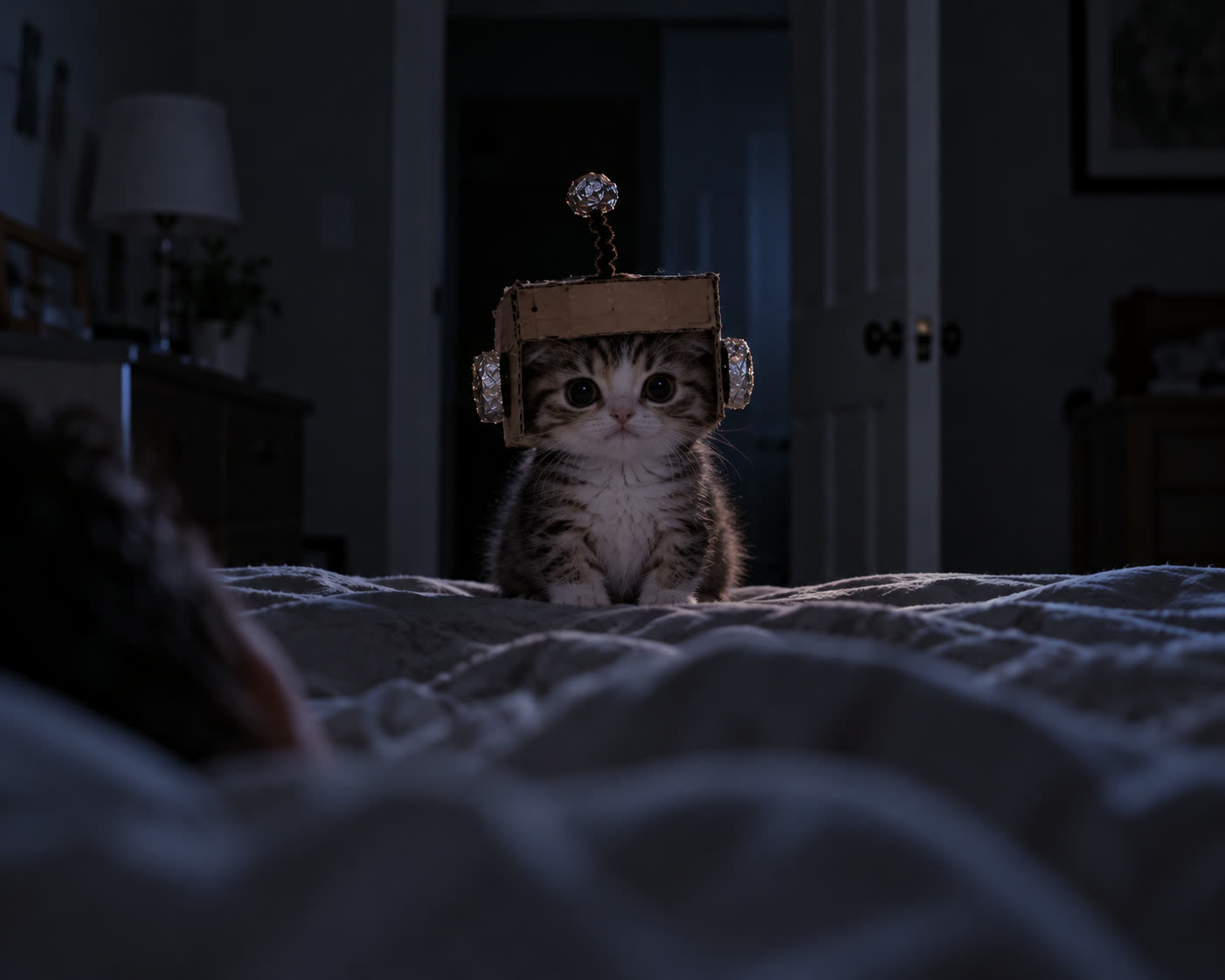 A tabby kitten in a cardboard robot helmet with a foil antenna, staring directly into the camera from a dark bedroom at night